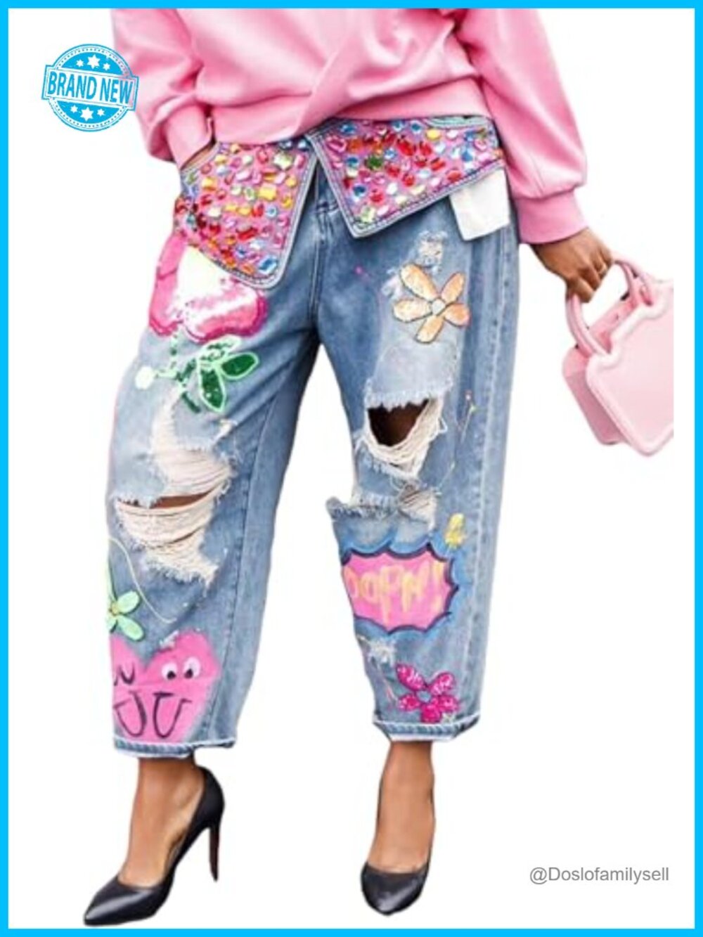 Women's Barrel Jeans Wide Leg High Waist Rhinestone Ripped Baggy Cropped Denim